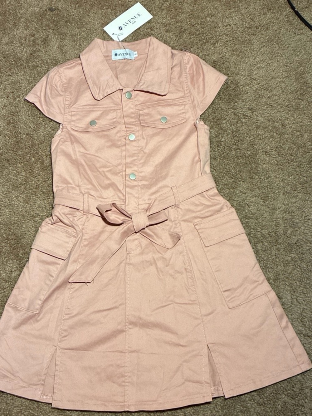 Avenue Pink Utility Shirt Dress with Tie Waist Girls Size 8